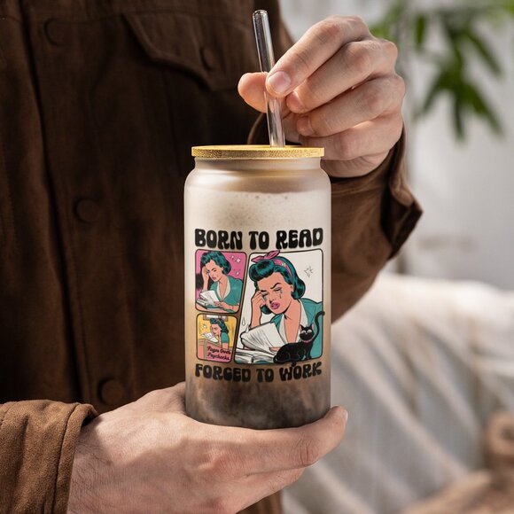 Born To Read Frosted Glass Tumbler, 16oz, Literary Quote, Book Lover Gift - Picture 2 of 7